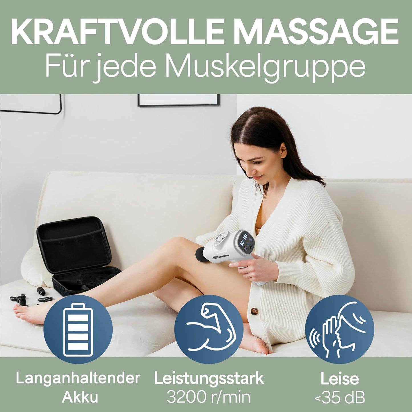 HELDENWERK Pistolet de massage actif - 30 vitesses - 6 têtes de massage - silencieux - rechargeable par USB-C - écran tactile LCD - étui de rangement inclus - blanc