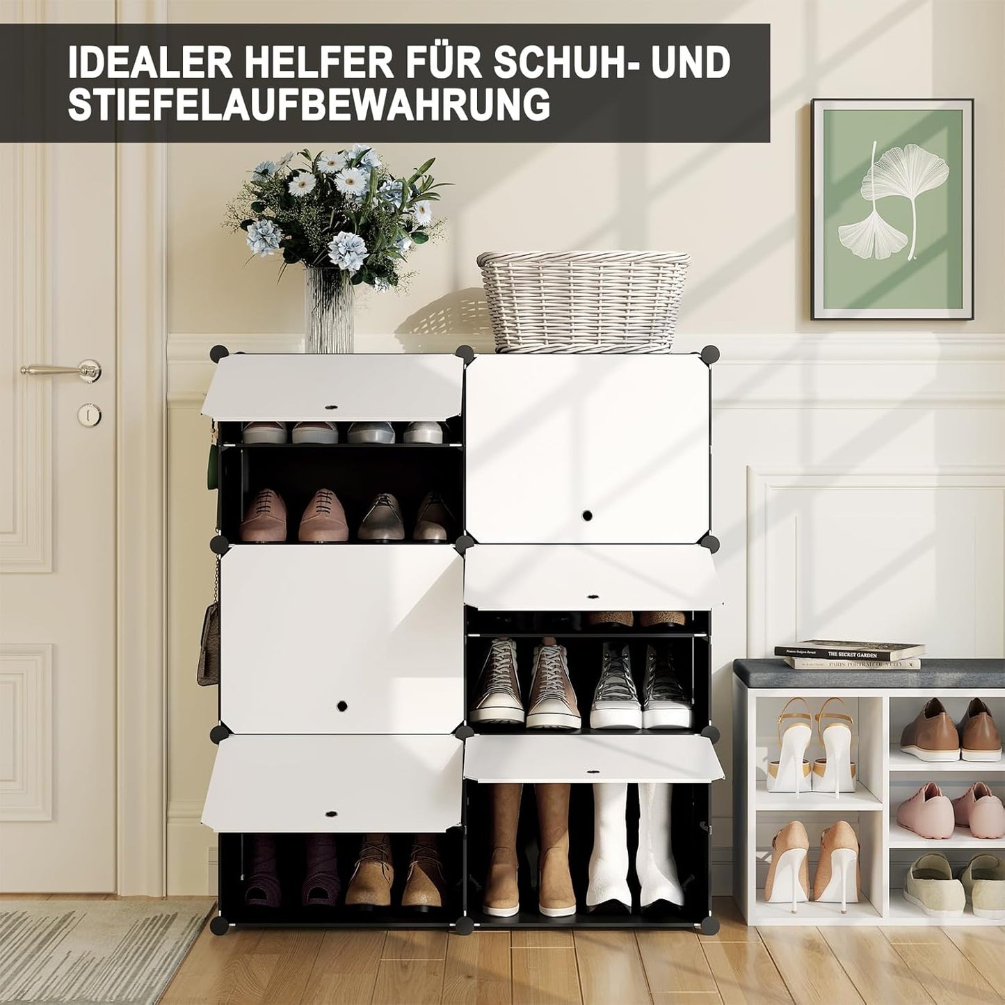 Étagère à chaussures Woltu à 6 compartiments - Meuble de rangement pour 24 paires de chaussures - Blanc/Noir - 94 x 36,5 x 109 cm