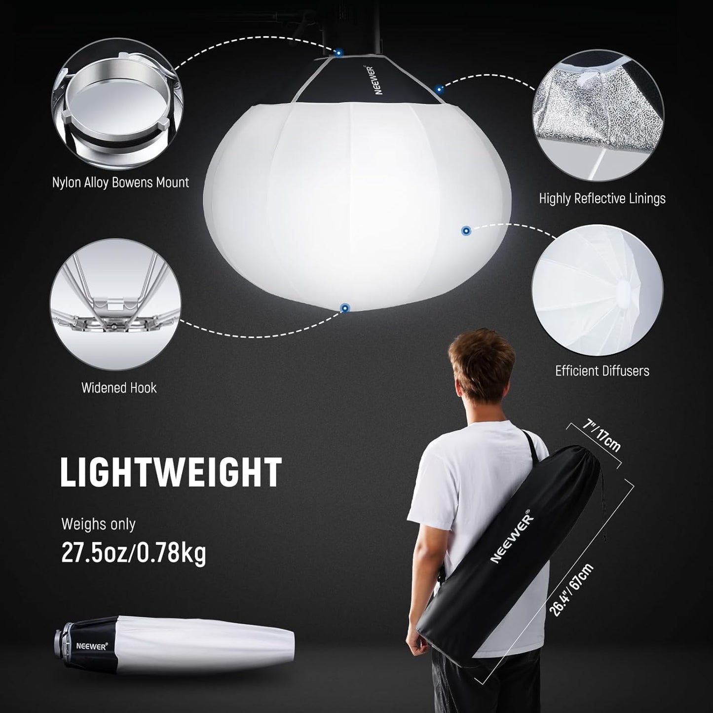 Softbox Neewer 50 cm, blanche - Diffuseur de lumière à fixation rapide à 360° avec monture Bowens pour lampes vidéo LED