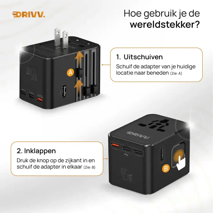 Drivv. Adaptateur universel USB-C 45 W - compatible avec plus de 180 pays - 3 ports USB-C et 2 ports USB-A - Adaptateur de voyage compact