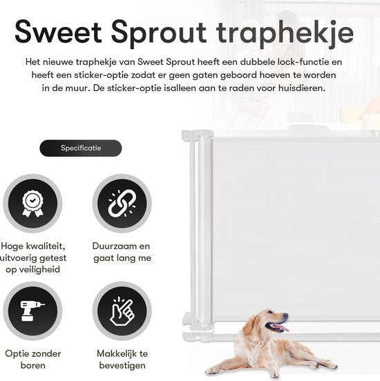Barrière d'escalier enroulable avec fonction autocollante - Barrière de sécurité - Réglable - Barrière pour chien - Barrière d'escalier sans perçage - Barrière pour enfant - Pour animaux et enfants - 10 à 150 cm de large - Blanc - Sweet Sprout