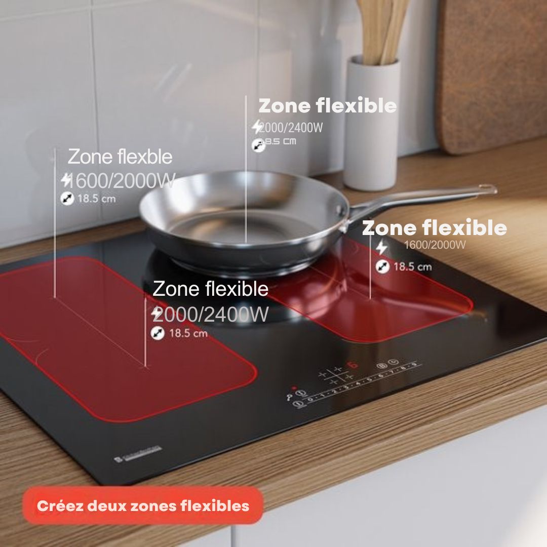 Plaque de cuisson à induction KitchenBrothers -  encastrable - 60 cm - 4 zones - 2x Flexzone - 1 et 2 phases - Jusqu'à 2400W - Noir