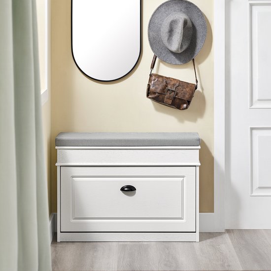 SoBuy FSR82-L-WG Meuble à chaussures banc d'entrée - banc à chaussures avec siège de toilette et coussin de rangement pour chaussures pour hall d'entrée, salon 75 x 24 x 51 cm, capacité 180 kg, blanc effet bois antique