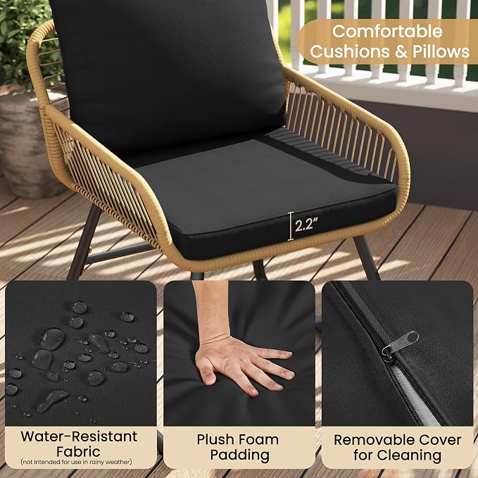 Ensemble de jardin Yaheetech 3 pièces style bistrot - Beige/Noir - Ensemble de jardin en rotin avec table en verre et 2 chaises