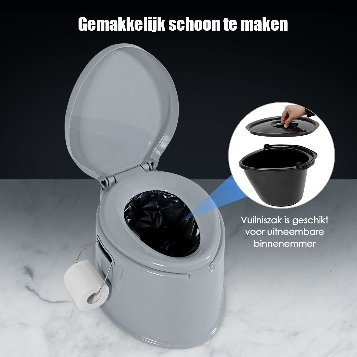 Coast Toilet Bowl portable pour le voyage - Seau intérieur amovible - Porte-papier hygiénique - 41 x 49 x 34 cm - Gris