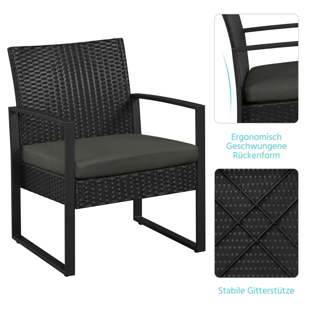 Ensemble de mobilier de jardin Yaheetech, 3 pièces - Noir/Gris - Ensemble de balcon en polyrotin avec table d'appoint