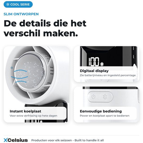 Ventilateur portable XCelsius® - Mini-ventilateur pliable - Rechargeable via USB-C - Réglage continu de 0 % à 100 % - Avec plaque de refroidissement instantanée - Blanc