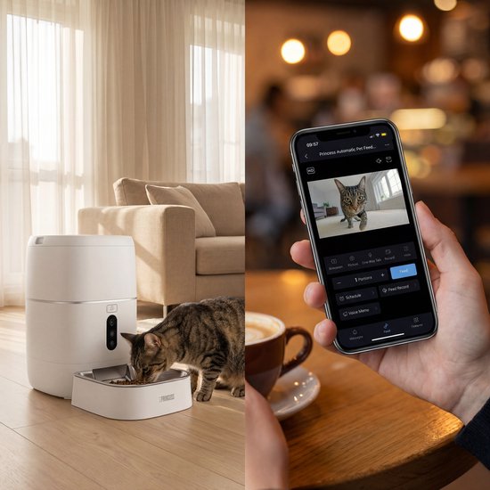 Mangeoire automatique Princess - Caméra HD et fonction intelligente - 6 litres – Chat et chien – Commande via application – Repas programmables – Bol en acier inoxydable – Batterie de secours – Distributeur automatique de nourriture – 610065