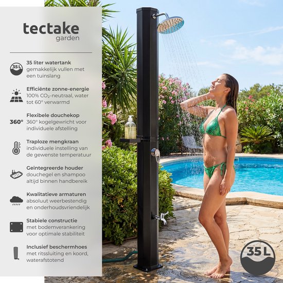 Douche d'extérieur tectake® - Solaire - 35 L - Eau chaude jusqu'à 60 °C - Avec housse de protection et porte-savon - Raccord pour tuyau d'arrosage - Douche de jardin avec grande pomme de douche réglable et robinet au pied - Douche solaire - Douche de camp