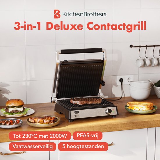 KitchenBrothers Contact Grill Deluxe - Appareil à griller - Plaques de gril amovibles - Gril à panini - 5 réglages de hauteur - 2000W - acier inoxydable