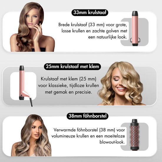 Sansbeauté® Fer à boucler 7 en 1 avec pince et pince gaufrée - Fer à boucler en céramique - 13mm à 38mm - Brosse à sécher les cheveux courts - Brosse chauffante - Pince à boucler - Brosse thermique - Styler les cheveux - Brosse à boucler 5 en 1