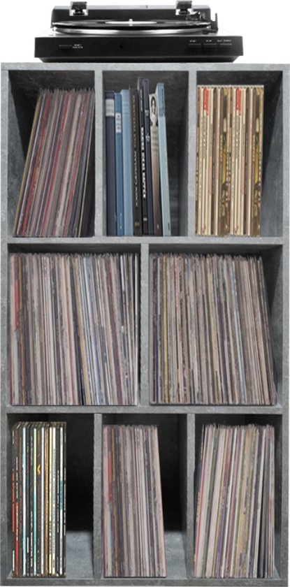 Meuble de rangement pour vinyles LP - meuble à disques - rangement vinyles LP - bibliothèque - 8 compartiments - aspect béton gris