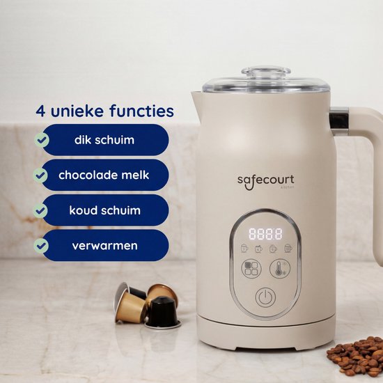 Safecourt kitchen Mousseur à lait électrique - 100% sans PFAS - Affichage et contrôle de la température - 4 en 1 - 350ml - Beige