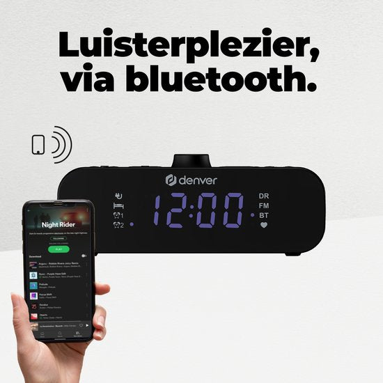 Denver Radio-réveil DAB avec Bluetooth - Réveil numérique - Chargement via USB-C - Radio FM - Double alarme - CRD515