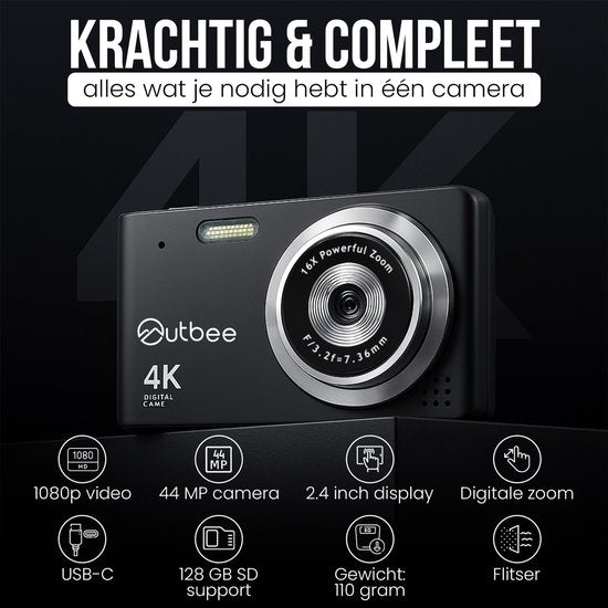 Outbee Appareil photo numérique - Appareil photo - Appareil photo numérique - Compact - Photos et vidéos - 8 résolutions d'image - 128 Go - Noir