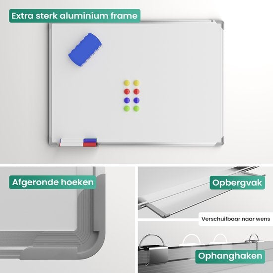 Tableau blanc - Avalo - 60x90 cm - 14 en 1 set - Tableau blanc magnétique incluant marqueurs, aimants et gomme