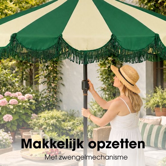 Mica Decorations Kim : parasol rayé avec sac de transport - Parasol à mât 238 x Ø 235 cm - Parasol de jardin ou de balcon - Polyester, acier - Vert foncé