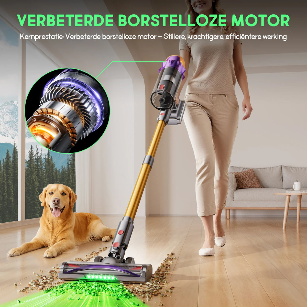 Aspirateur balai sans fil Daynee 65 kPa - Jusqu'à 70 minutes d'autonomie - Brosse anti-bouloches avec LED - Idéal pour les poils d'animaux - Or