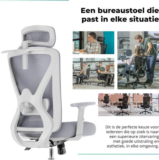 Backerz - Chaise de bureau ergonomique - hauteur d'assise 44-56 cm et certifiée EN1335 - équipée d'accoudoirs 3D et d'un support lombaire réglable - pour le bureau et les jeux - polypropylène et maille blanche/grise