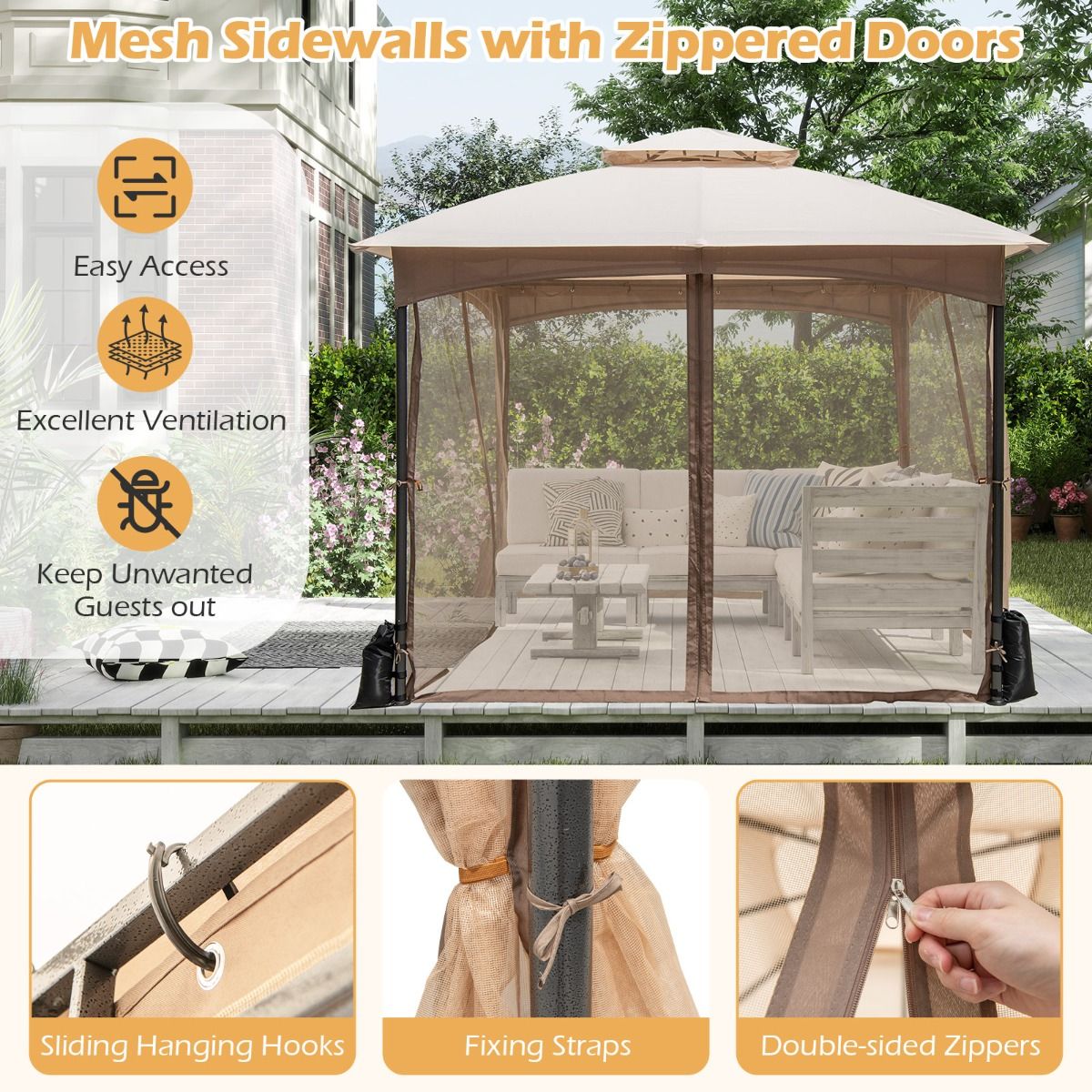 Pavillon de jardin Coast - double toit - moustiquaire et sacs de sable - kaki 3 x 3 m