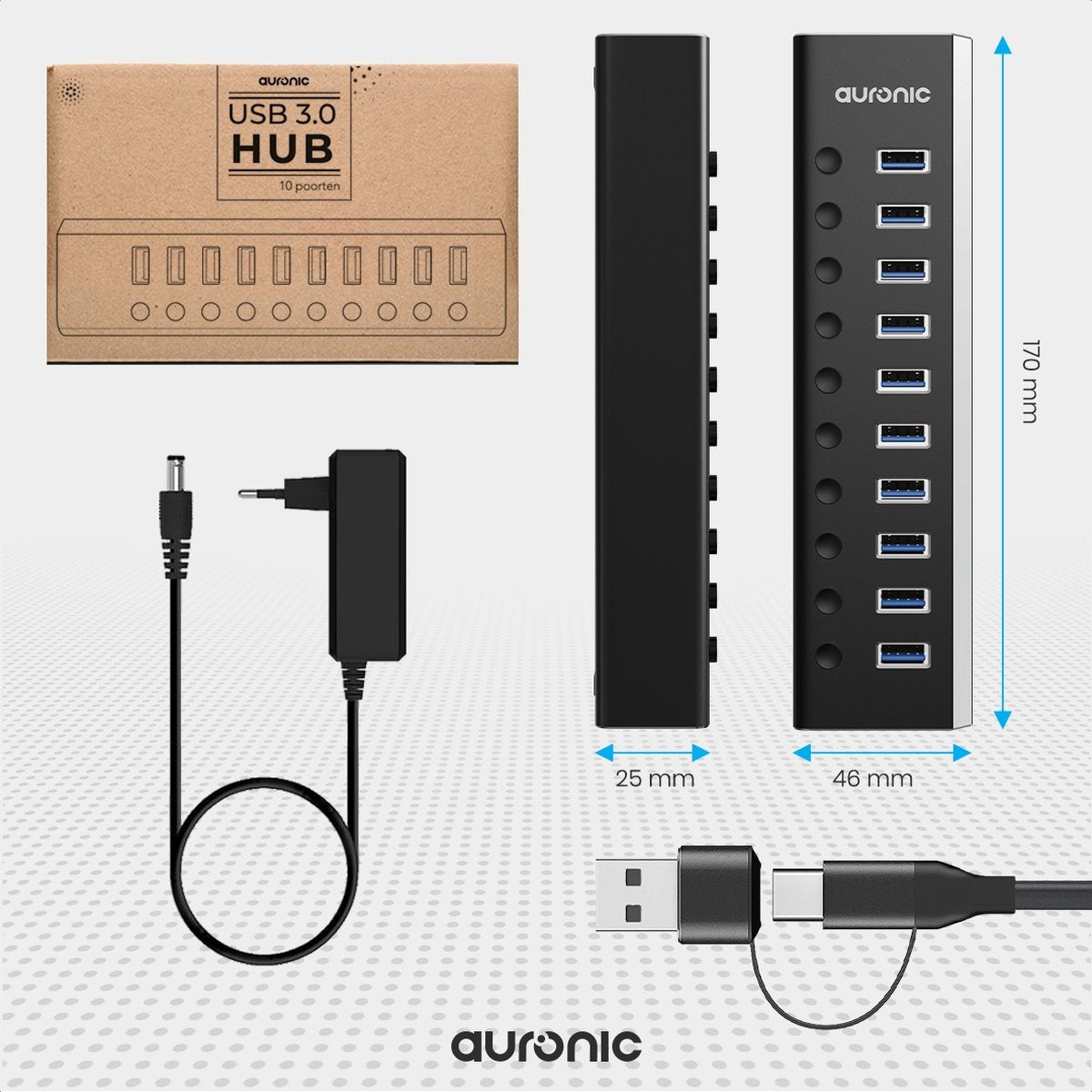 Auronic USB Hub 3.0 - Répartiteur USB avec 10 ports - avec alimentation - 5 GBP - Indication Led - Noir
