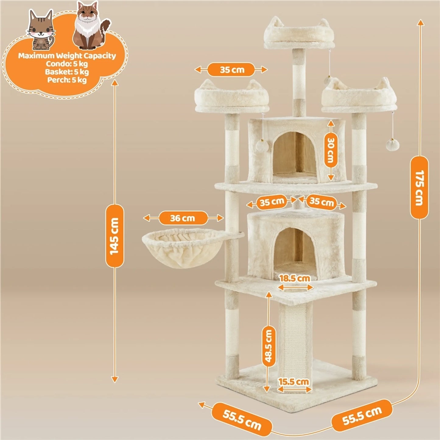 Yaheetech Cat Post XXL avec 3 plateformes d'observation - équipé de 2 terriers, d'une planche à gratter et d'un système anti-piqûres - pour les foyers avec plusieurs chats - beige peluche et sisal - 55,5 x 55,5 x 175 cm
