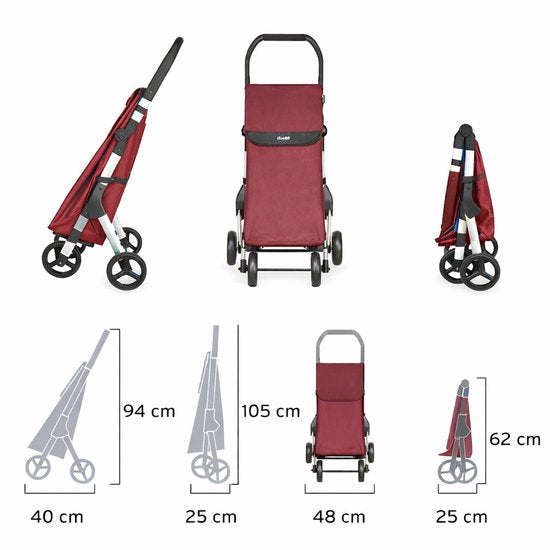 Chariot à courses Duett Muuvi Up - Capacité : 46 L - 4 roues - Pliable - Rouge bordeaux