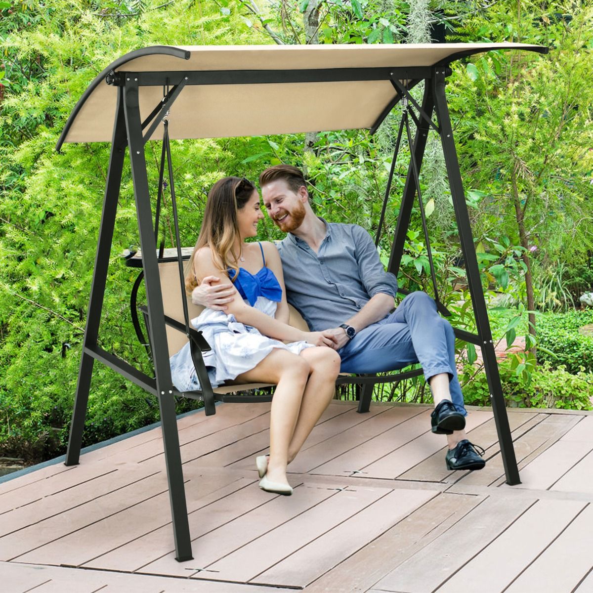 Balançoire de jardin Coast avec auvent - 2 places - Structure métallique - 152 x 112 x 165 cm - Beige
