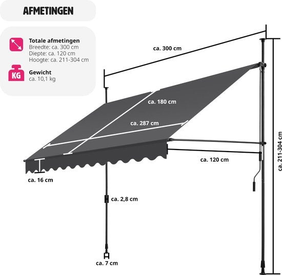tectake - store à pinces - parasol - store - réglable - store à pinces - parasol balcon - 300 x 180 cm - noir gris - store - 404965