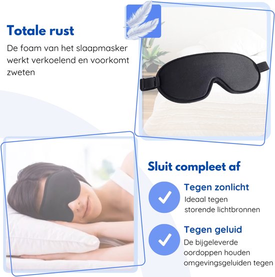 Hilvard - Masque de sommeil - Masque oculaire - Bouchons d'oreille inclus - 100% obscurcissant - Ajustable - Ergonomique - Noir