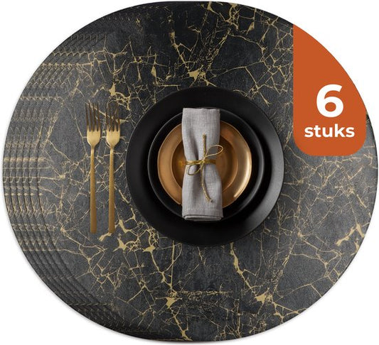 Sets de table Castagnola aspect cuir - Sets de table ronds - Sets de table antidérapants en cuir artificiel - Dessous de verre hydrofuge - Dessous de verre - 6 pièces - Diamètre 38 cm - Noir/Doré
