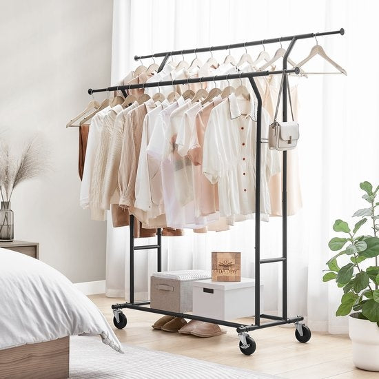 O'DADDY® Kledingrek op wieltjes - Garderoberek - Kledingstang - Verstelbaar en Uitschuifbaar - Industriële Wielen - Metaal - Stabiel tot 110 kg - Zwart