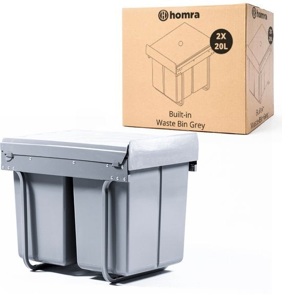 Poubelle de tri - Homra - 2x20L - Encastrable - 2 compartiments amovibles - Poubelle de cuisine - Gris