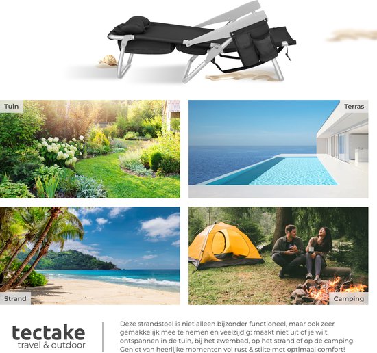 tectake® Beach Chair Coral - Chaise de camping pliable avec sac isotherme et sac de rangement - Dossier réglable en 5 sens avec coussin de tête - Accoudoirs larges avec porte-gobelet / porte-téléphone - Chaise de camping pliable - Noir