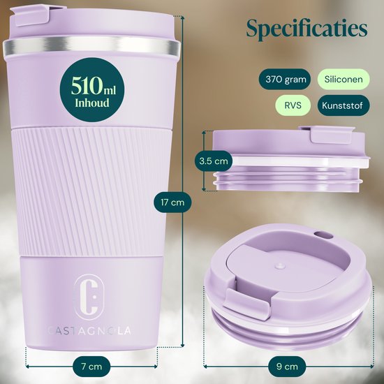 Tasse isotherme Castagnola - Tasse à café à emporter - Tasse de voyage pour café et thé - Tasse à thé - 510 ml - Acier inoxydable - Violet clair