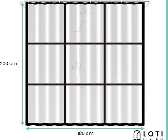 Loti Living Rideau de douche anti-moisissure - Noir transparent mat - Anneaux inclus - Imperméable - PEVA - Rideau de douche 180x200 cm