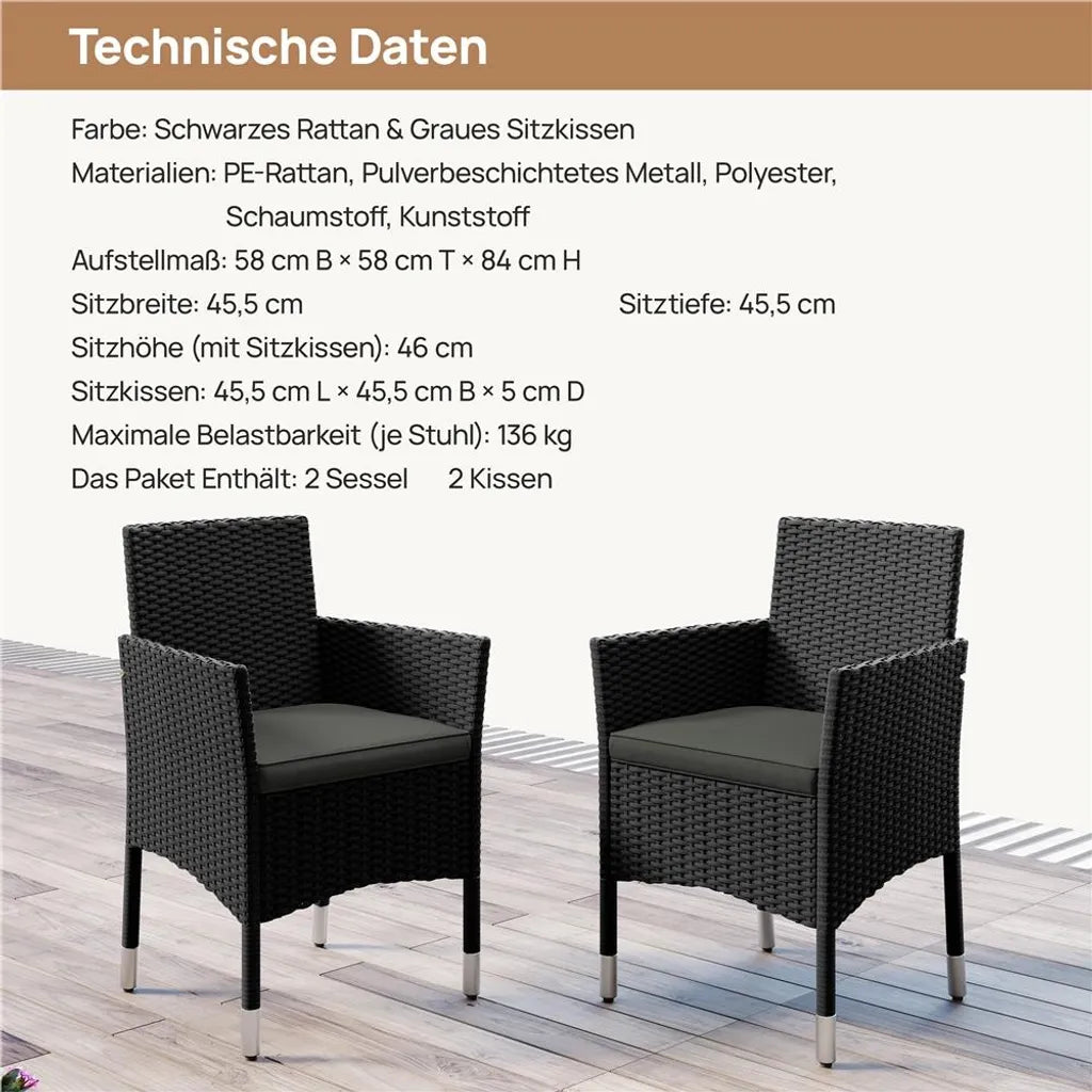 Yaheetech Lot de 2 chaises de jardin 58 x 58 x 84 cm - Noir/Gris - Chaises de jardin en polyrotin avec coussins d'assise et de dossier