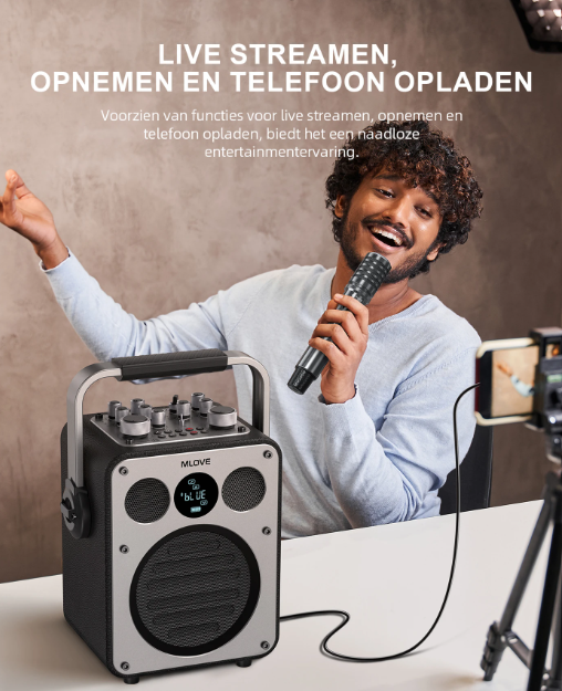 Machine à karaoké MLOVE D5 - 200 W - 2 microphones sans fil - Bluetooth - Noir