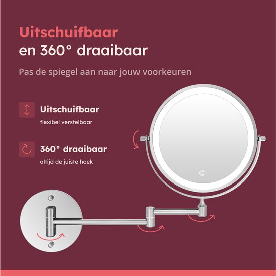 Fraay® Miroir de maquillage avec éclairage LED - grossissement 10x - Miroir grossissant avec lumière - rechargeable - Miroir de rasage - Miroir de salle de bain - Chrome