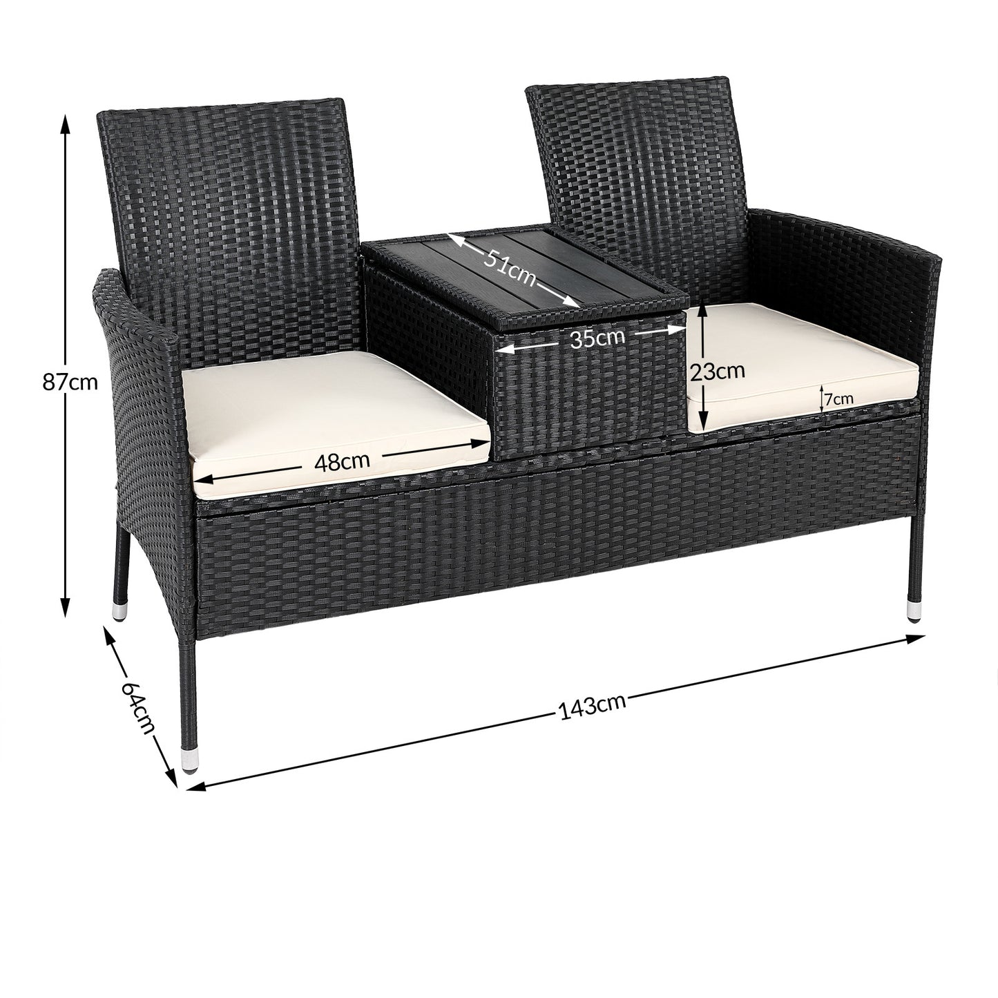 Banc de jardin Casaria Polyrattan - 2 places, table et coussins inclus - Noir