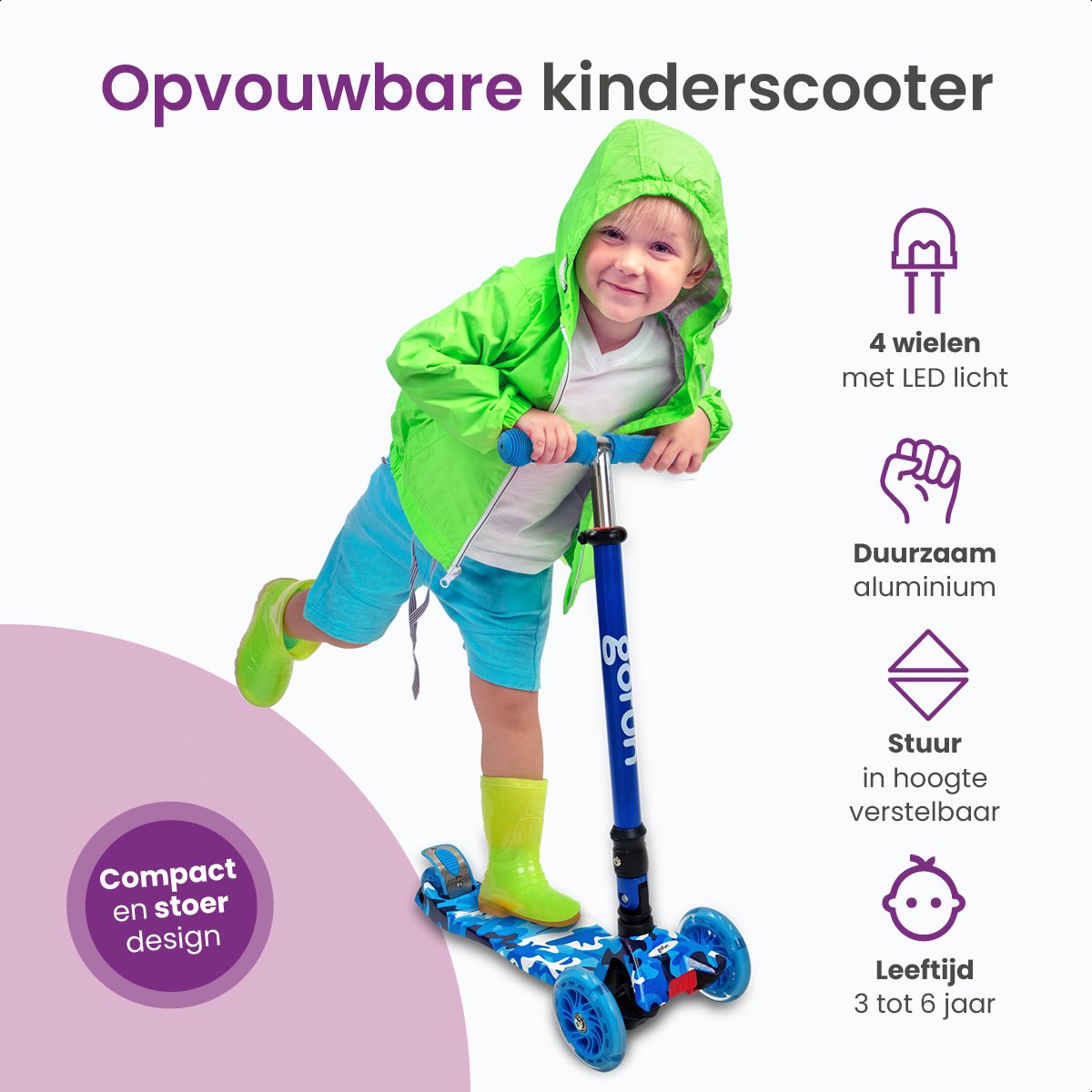 GoFun Kids scooter - Roues lumineuses - Pliable - Guidon réglable - 85 x 58 x 23 cm - Bleu