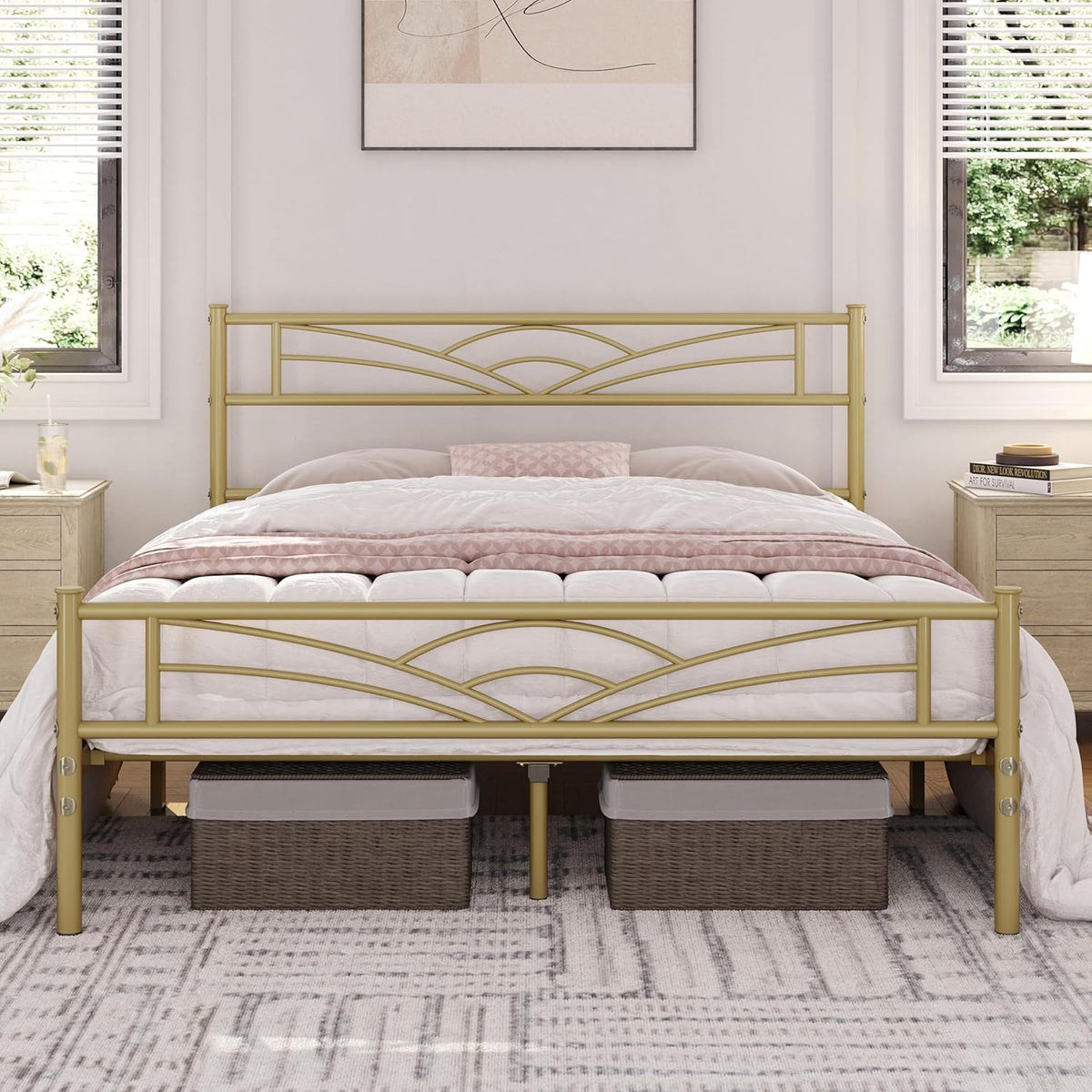 Yaheetech : cadre de lit en métal 140 x 200 cm – Or antique – Lit moderne pour enfant avec sommier à lattes et grand espace de rangement