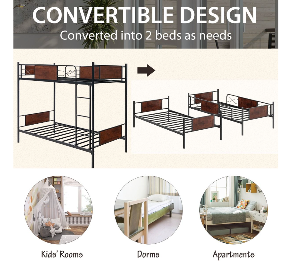 Coast - Cadre de lit superposé en métal - 2 en 1, aspect bois et barre de sécurité de 30 cm - L 198 x l 95 x H 156 cm - Métal/MDF - Noir/Marron