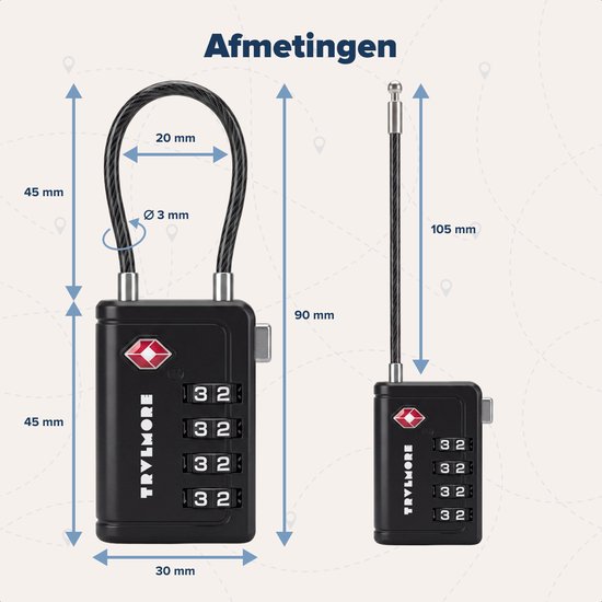 TRVLMORE Cadenas de valise avec câble - Certifié TSA - Fonction alarme - 4 chiffres - Lot de 2 - Noir