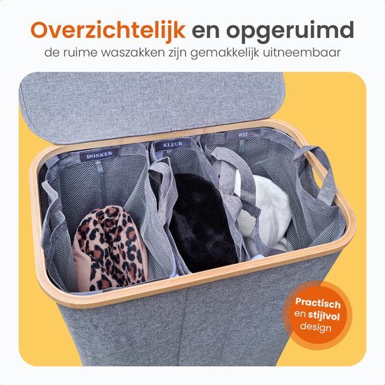 Goliving Trieur de linge 3 boîtes - 150L - Panier à linge pliable avec couvercle - 3 sacs amovibles avec étiquettes de couleur - 57 x 37 x 66 cm - Gris