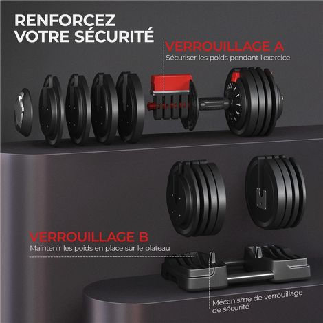 Ensemble d'haltères réglables Yaheetech 3-en-1 – 3 à 24 kg – 111 cm – Noir