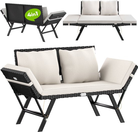 Banc de jardin Casaria Polyrattan - 176 cm réglable avec coussins - Noir
