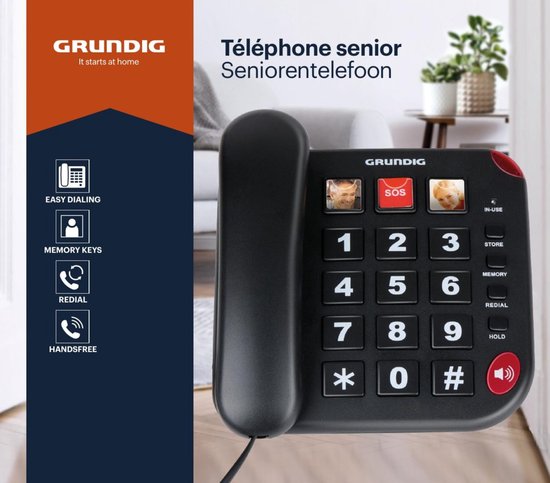 Grundig Senior Phone Home Phone - Téléphone senior à grosses touches - Téléphone senior avec touches de raccourci photo - Haut-parleur et bouton SOS - Noir