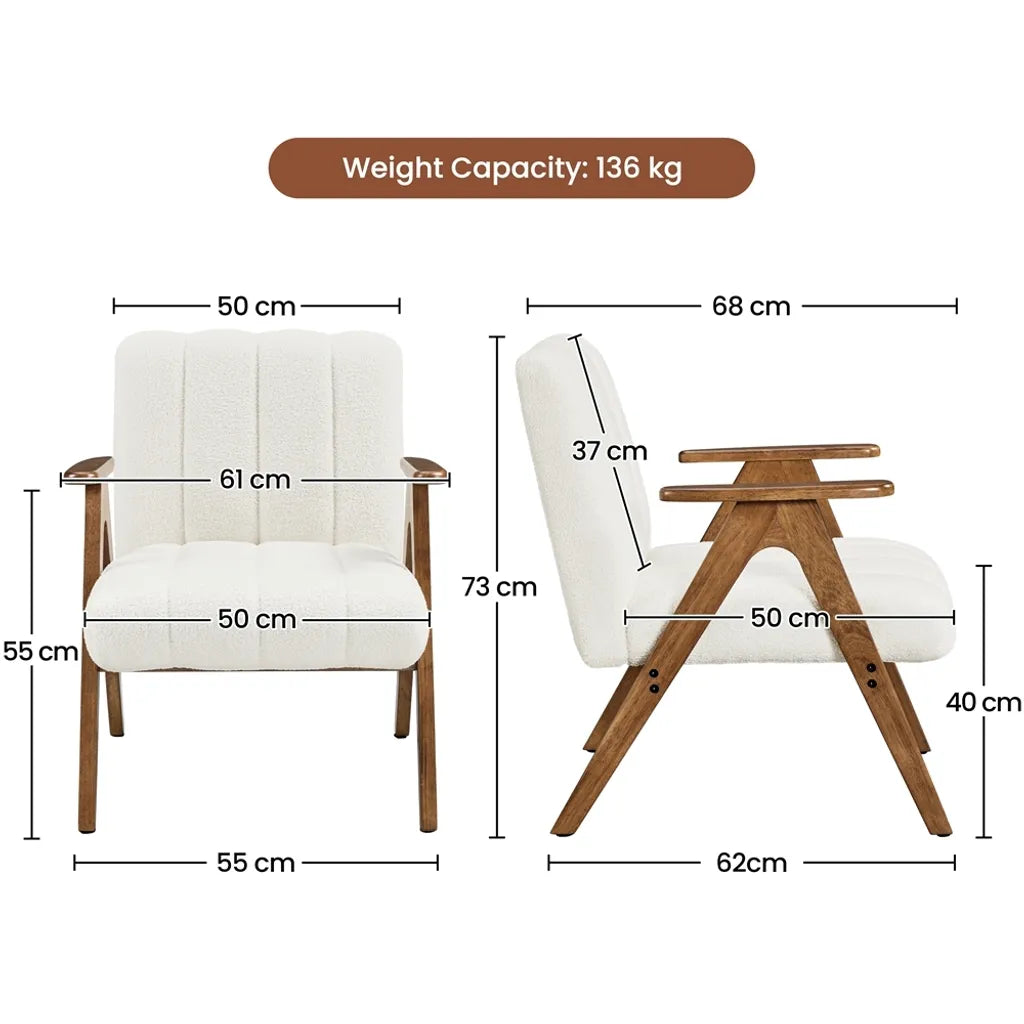 Yaheetech Armchair White - Chaise longue bouclée avec accoudoirs et pieds en bois - 60,5 x 68,5 x 73 cm