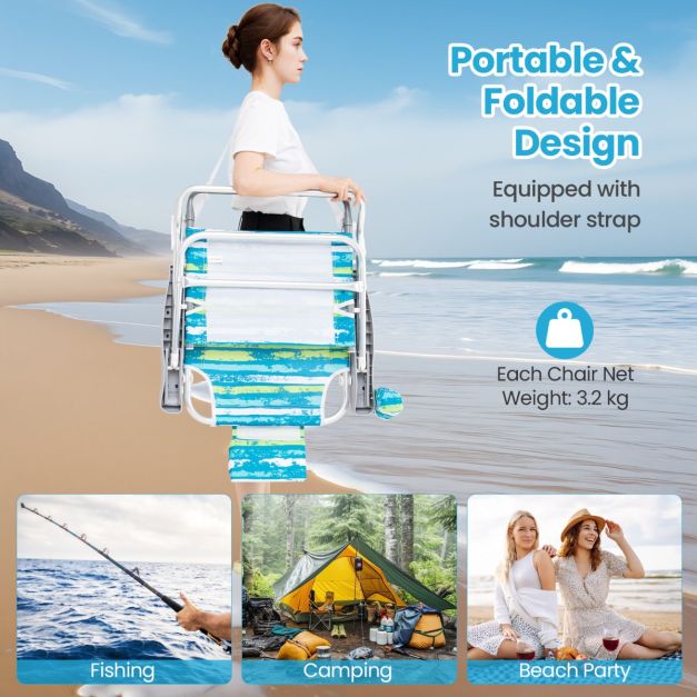Chaises de plage pliantes Coast 62 x 54 x 80 cm - Lot de 2 - 5 positions - Porte-gobelet - Vert